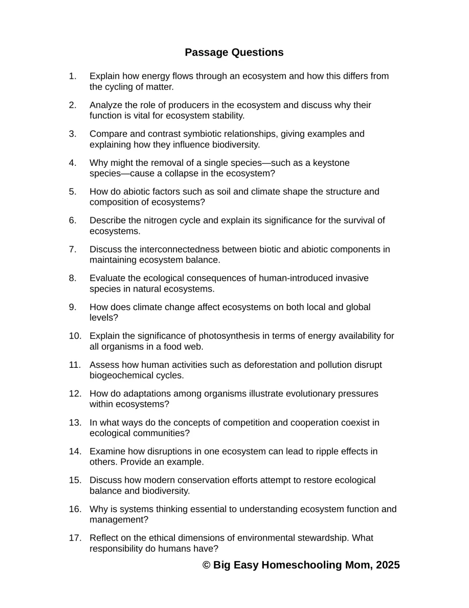 Ecosystems questions 1–17 ask about energy flow, species relationships, nutrient cycles, and conservation