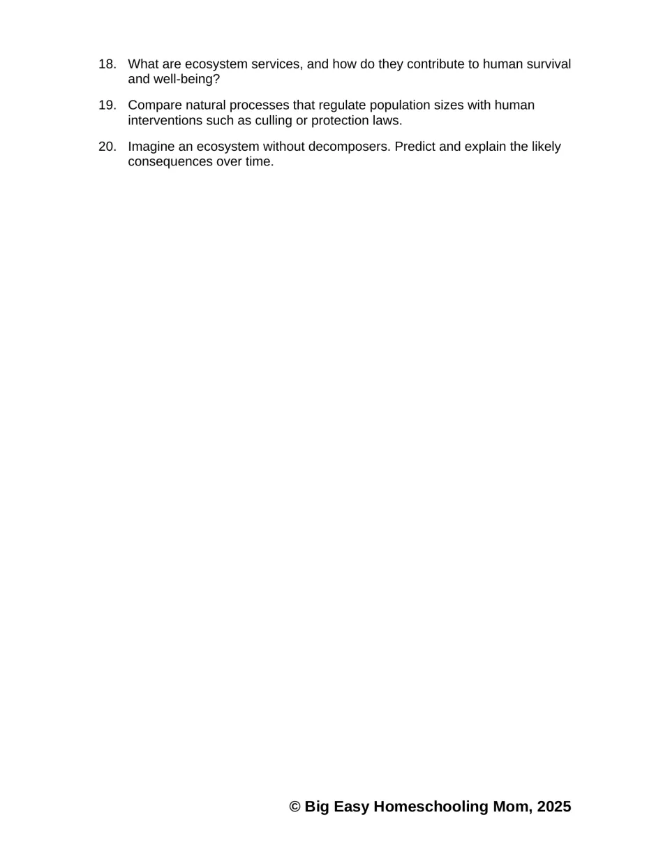Ecosystems questions 18–20 address ecosystem services, population regulation, and life without decomposers