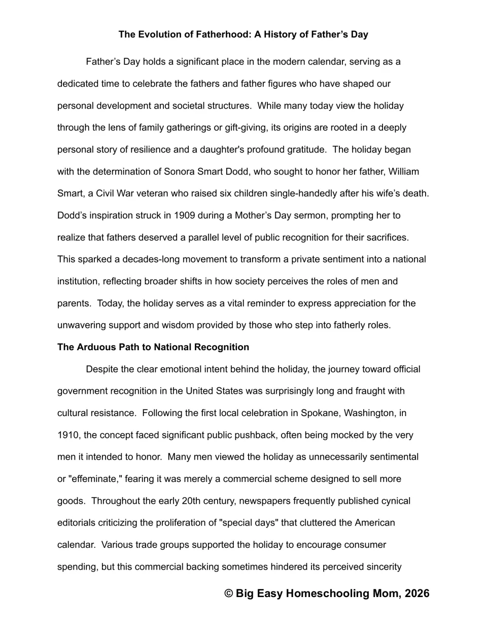 Father's Day origins passage: students read how Sonora Smart Dodd honored her father and why men mocked the holiday