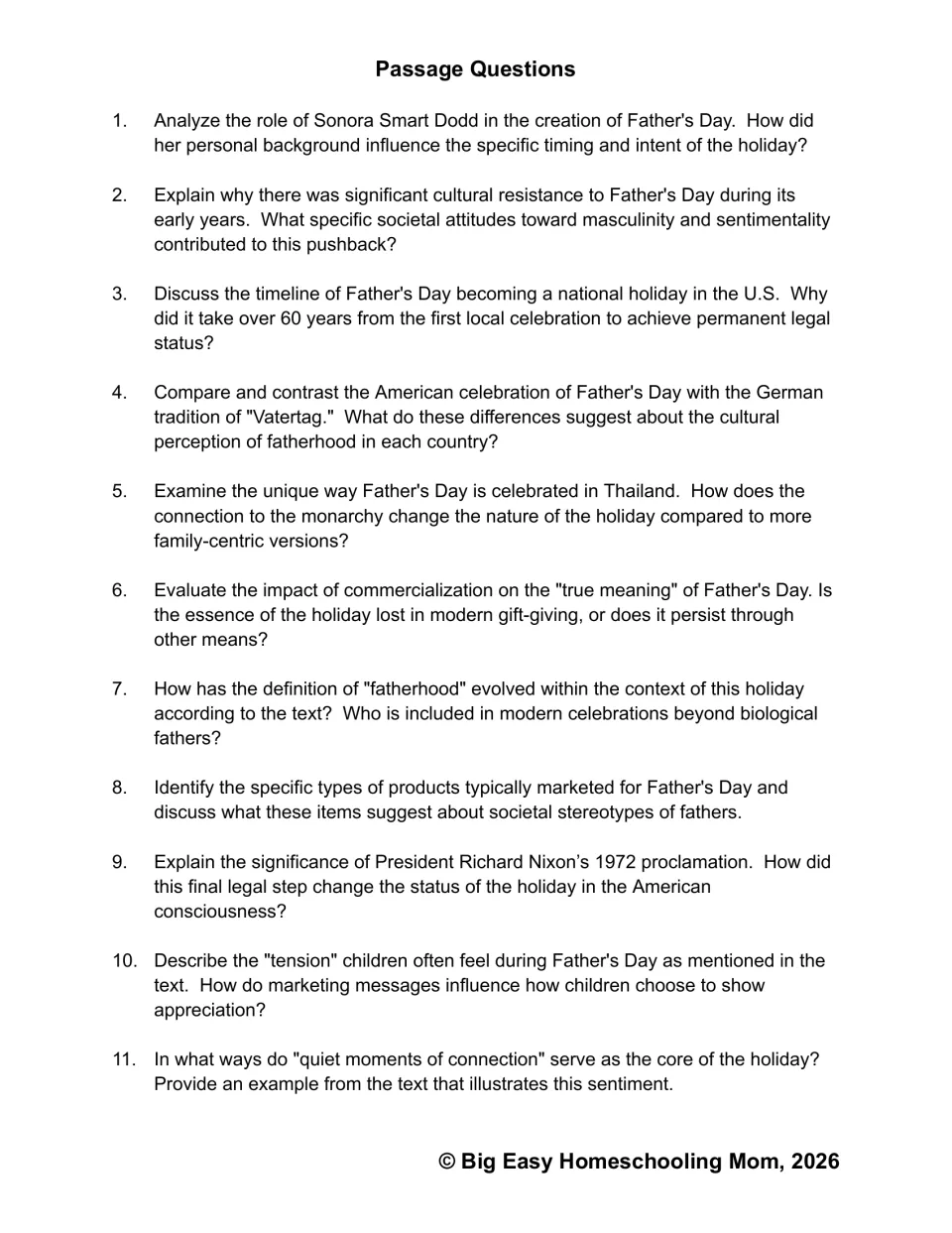 Passage Questions 1-11: students analyze Dodd's role, pushback, Vatertag, Thailand's holiday and marketing stereotypes