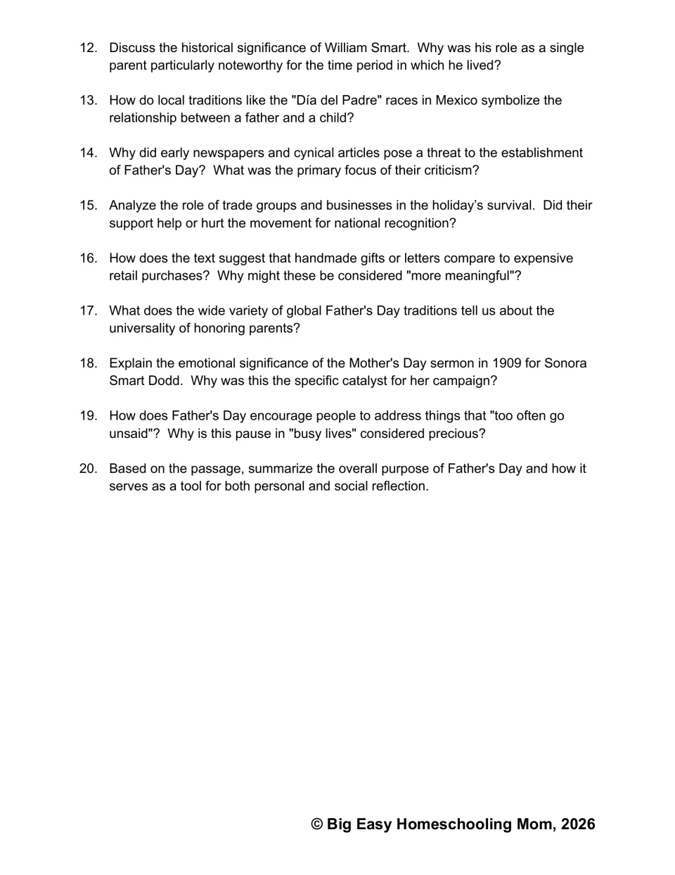 Questions 12-20: students discuss William Smart, Día del Padre races, newspaper critics, trade groups and the 1909 sermon