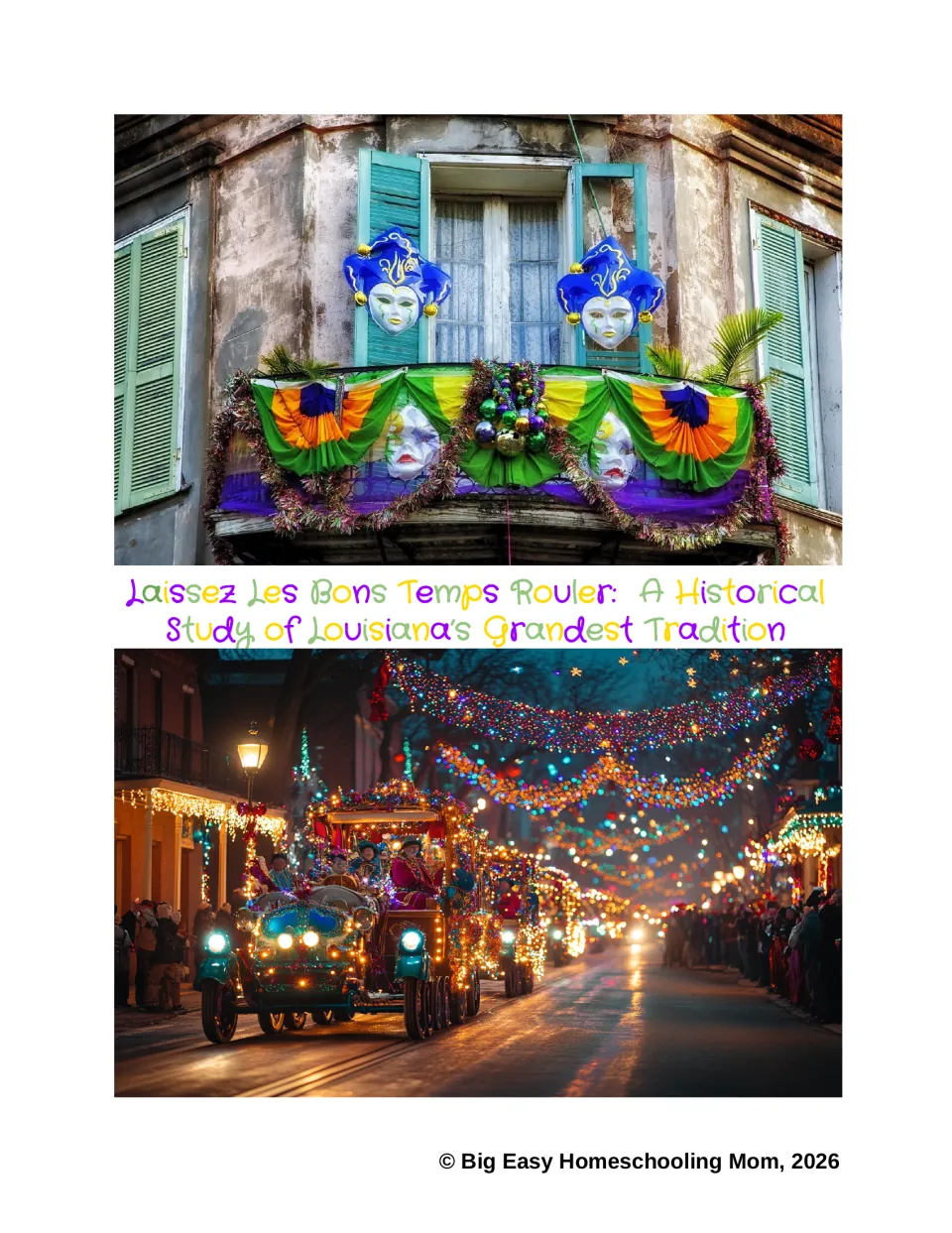 Mardi Gras history reading packet cover introduces a historical study of Louisiana’s grandest tradition.