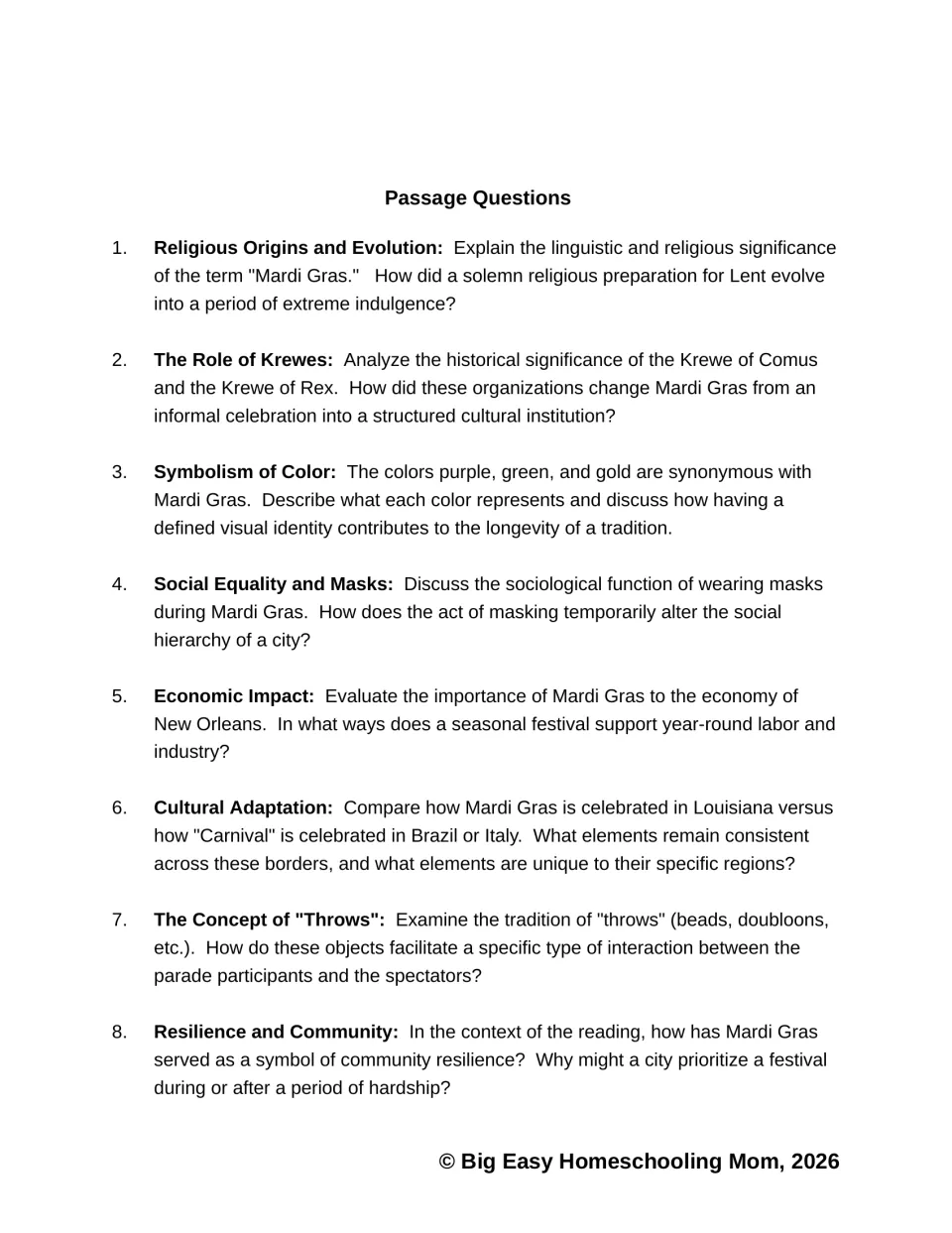 Mardi Gras questions 1–8 examine religious origins, krewes, colors, masks, economics, and three more topics.