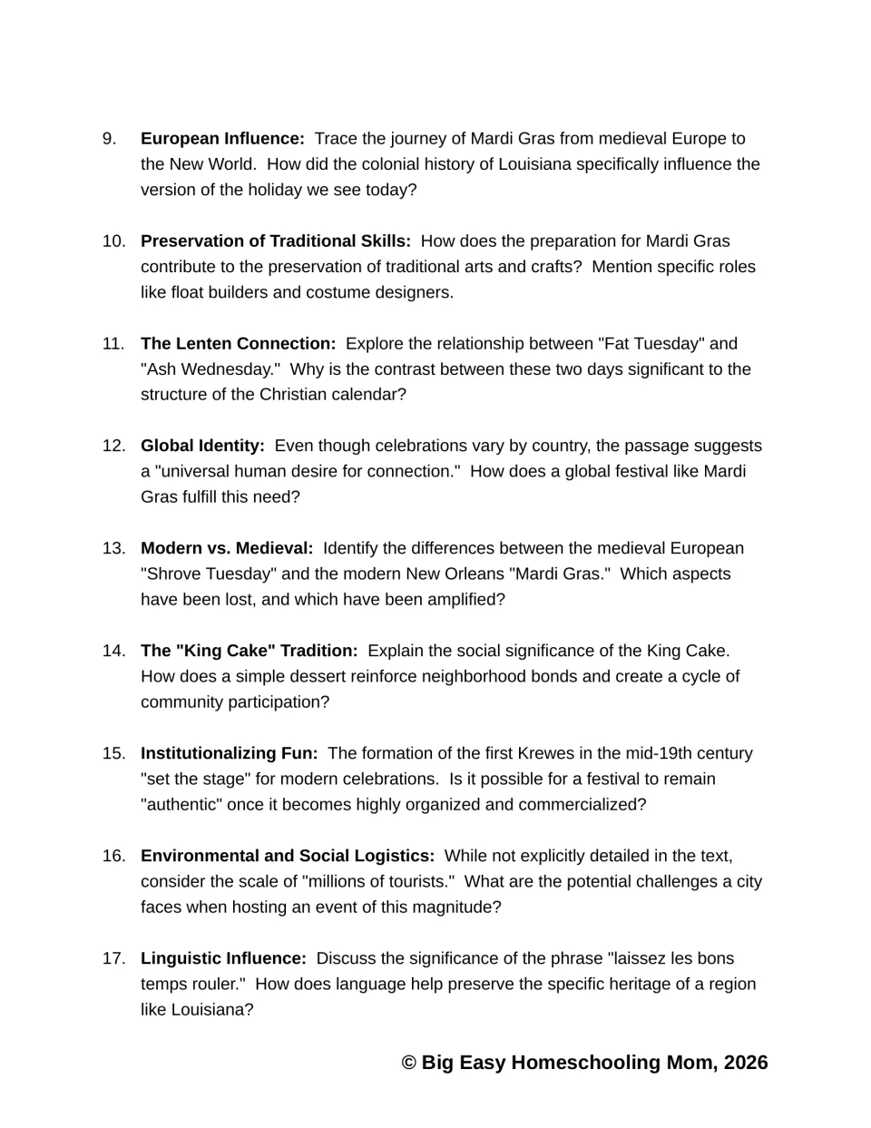 Mardi Gras questions 9–17 examine European influence, traditional skills, Lent, and six more topics.