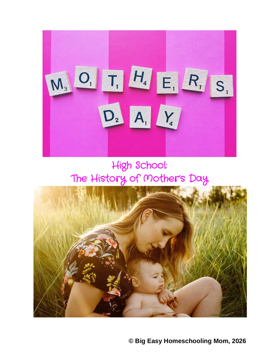 Cover for High School: The History of Mother's Day, with Mother's Day spelled in letter tiles and a mother holding a baby