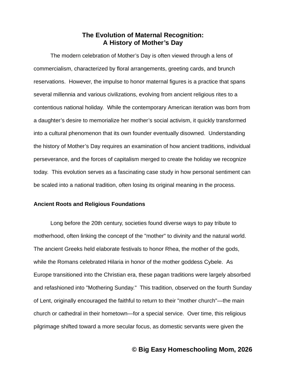 Reading passage on the evolution of maternal recognition: intro on commercialism, then ancient Greek, Roman and Lent roots