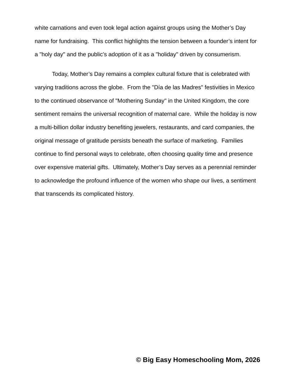 Passage conclusion on Jarvis's legal fights and global celebrations such as Día de las Madres and Mothering Sunday today