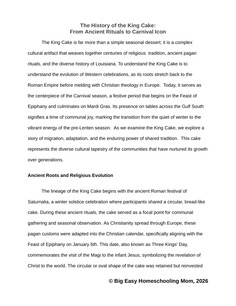 King cake origins reading passage: students read how a Roman Saturnalia cake became tied to the Feast of Epiphany