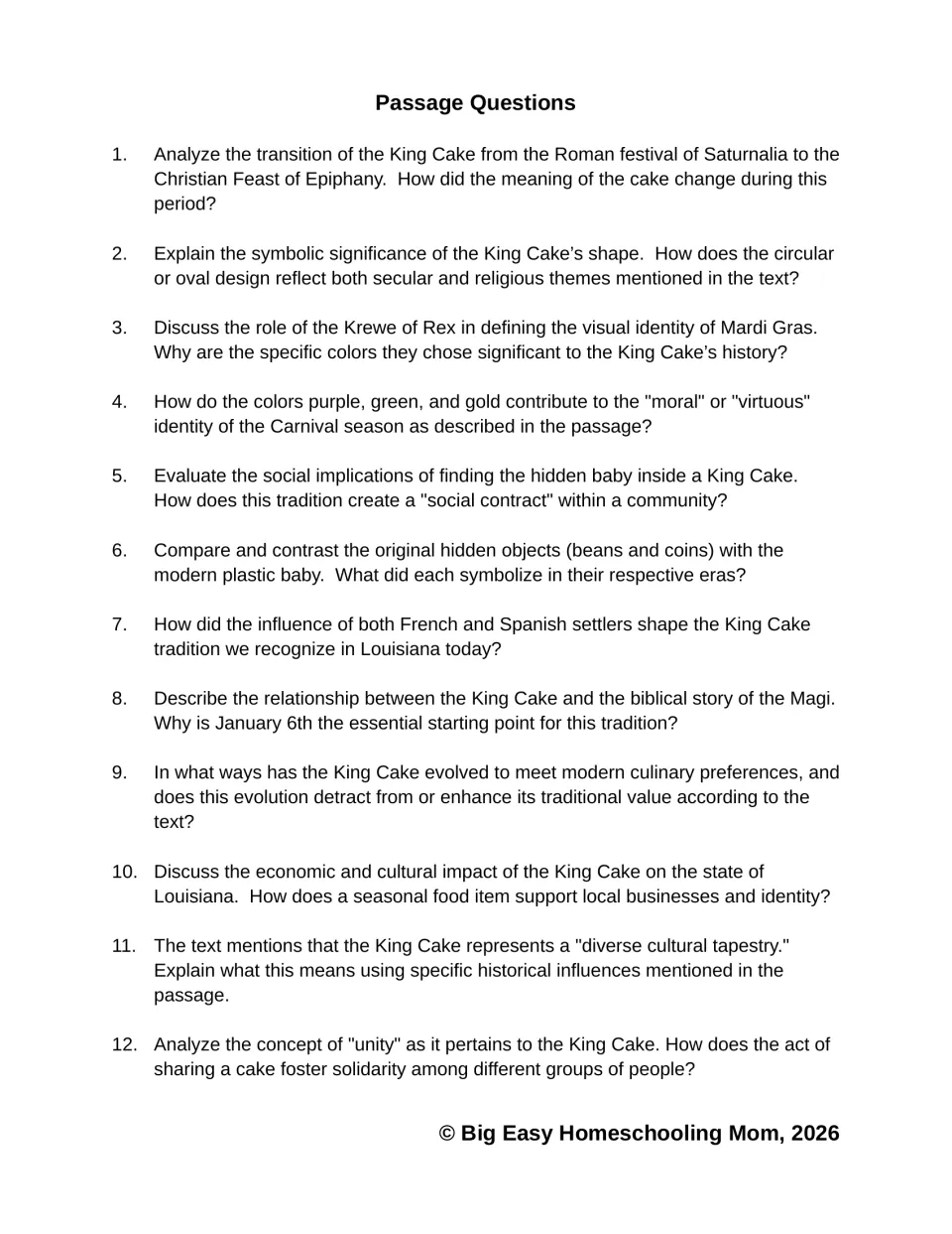 Passage Questions 1-12: students analyze Saturnalia to Epiphany, the cake's shape, Krewe of Rex colors and the hidden baby