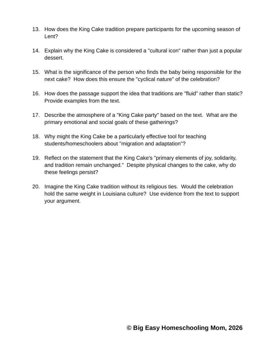 Passage Questions 13-20: students explain Lent, cultural icon status, fluid traditions and argue using text evidence