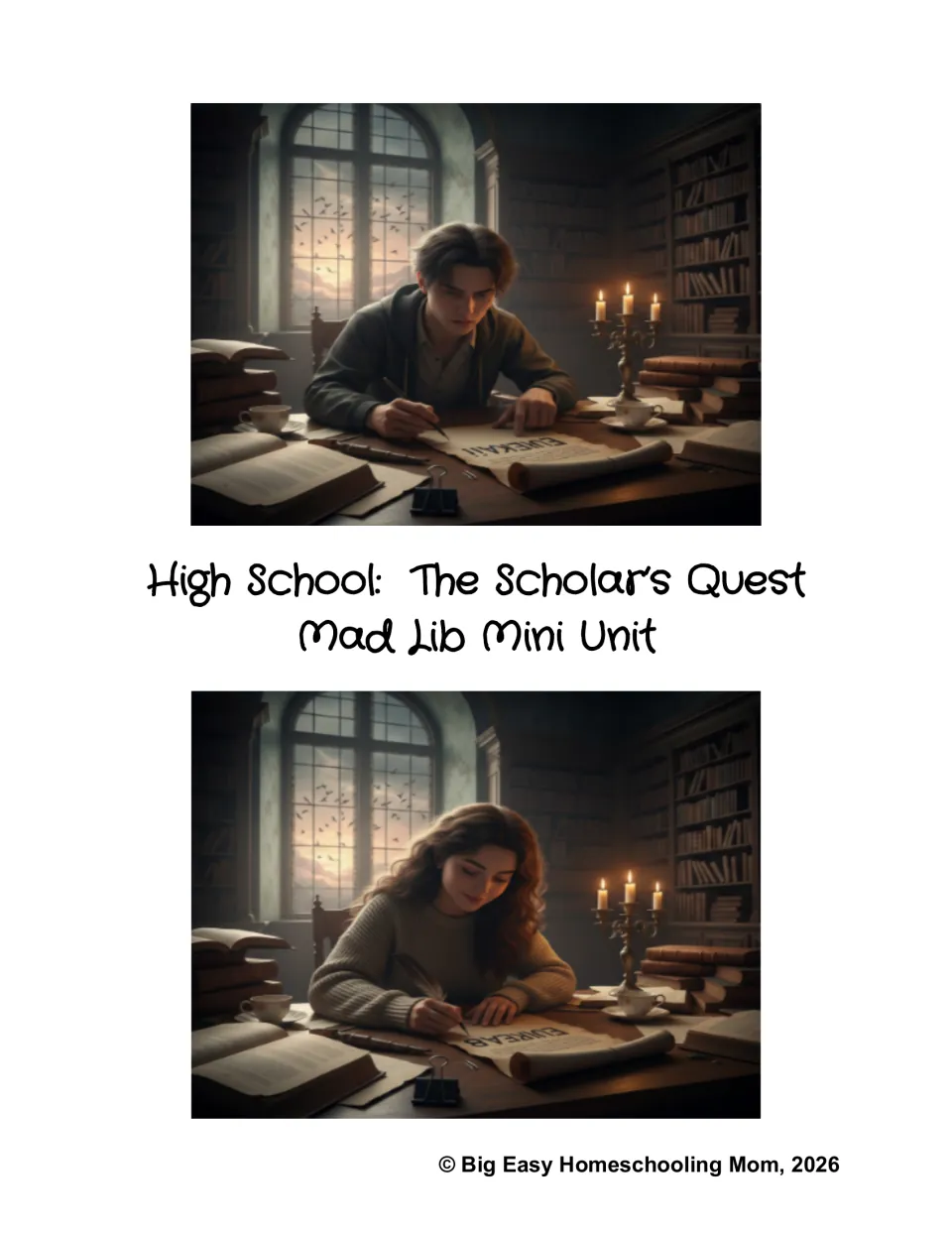 Cover of High School: The Scholar's Quest Mad Lib Mini Unit, showing two students writing by candlelight in a library