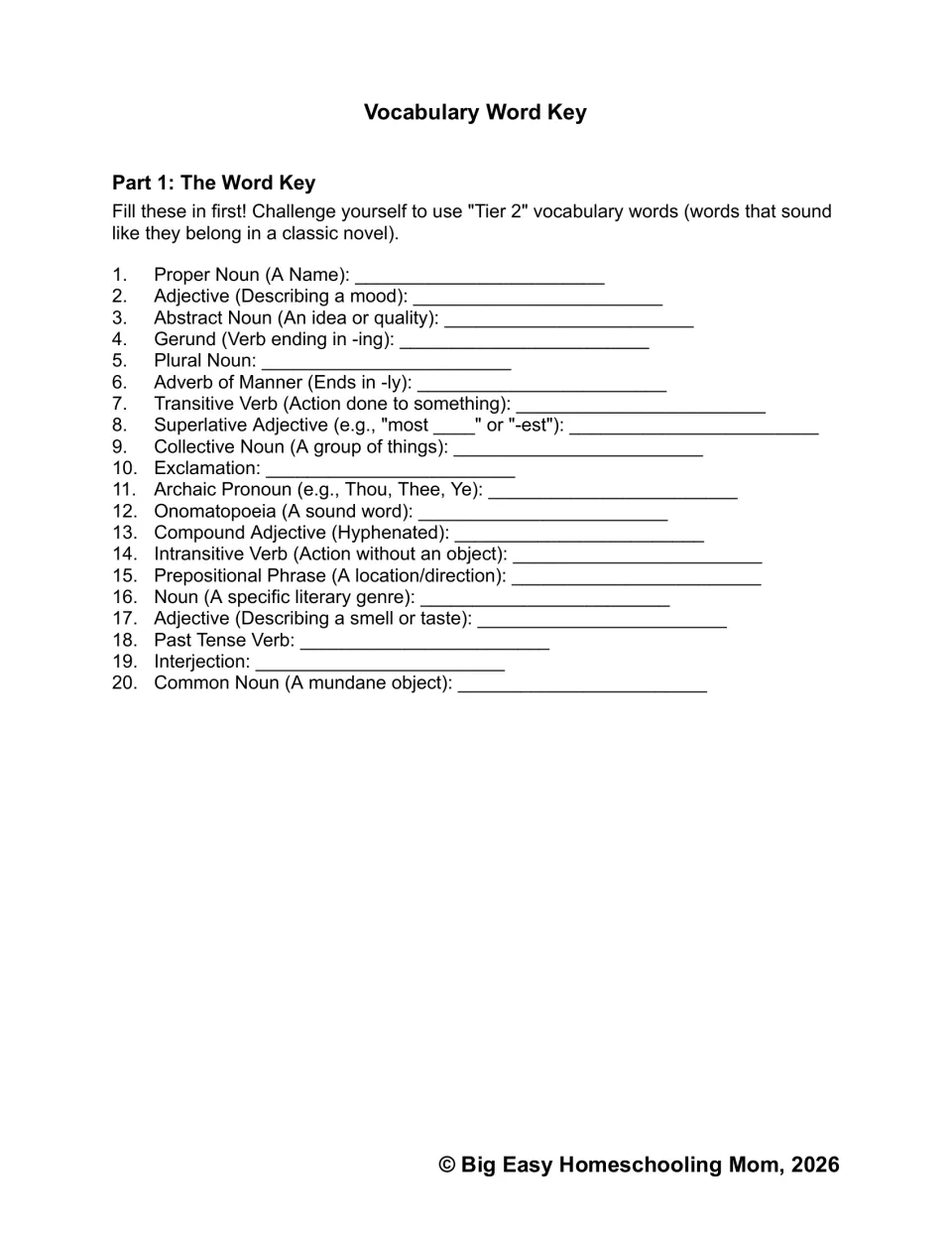 Vocabulary Word Key: students write 20 words by part of speech, from proper noun to onomatopoeia and interjection