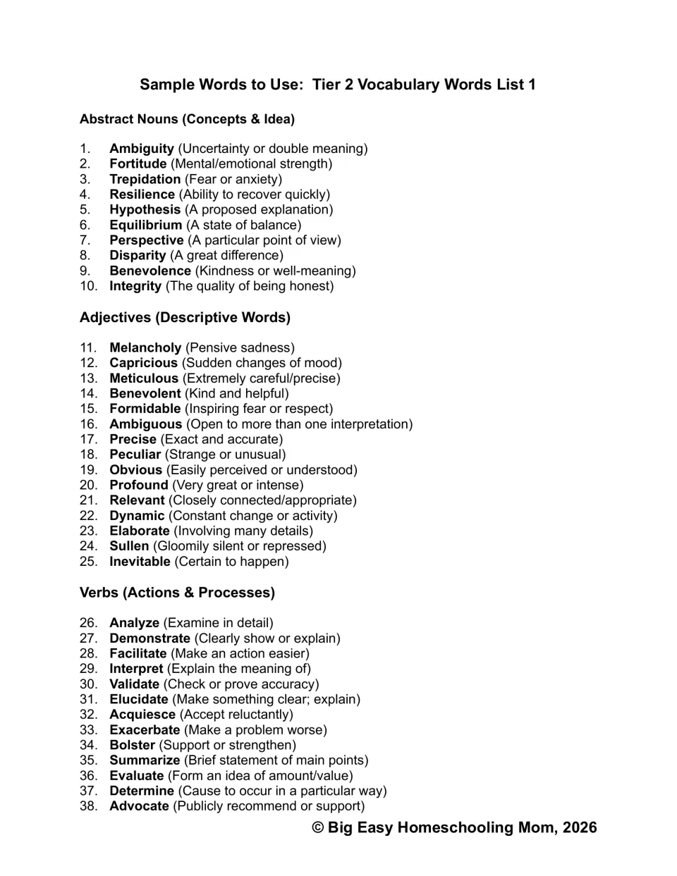 Tier 2 vocabulary list 1: abstract nouns, adjectives and verbs such as fortitude, capricious and elucidate, each defined