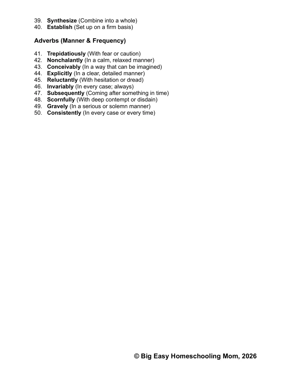 Tier 2 vocabulary list 1 continued: verbs synthesize and establish plus adverbs like nonchalantly and scornfully, defined