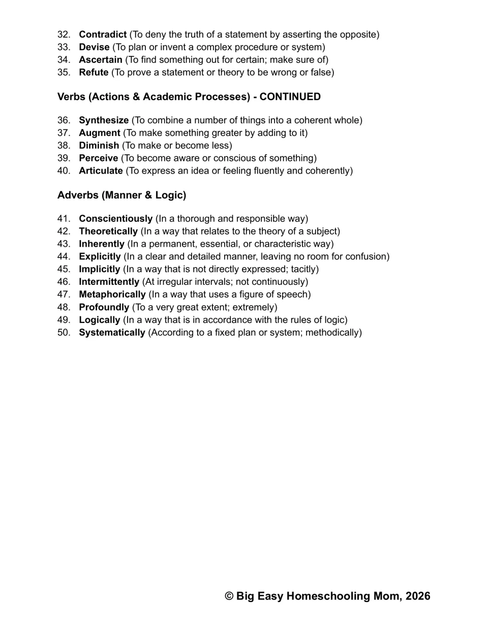 Tier 2 vocabulary list 2 continued: defined verbs like refute and articulate, adverbs like implicitly and metaphorically