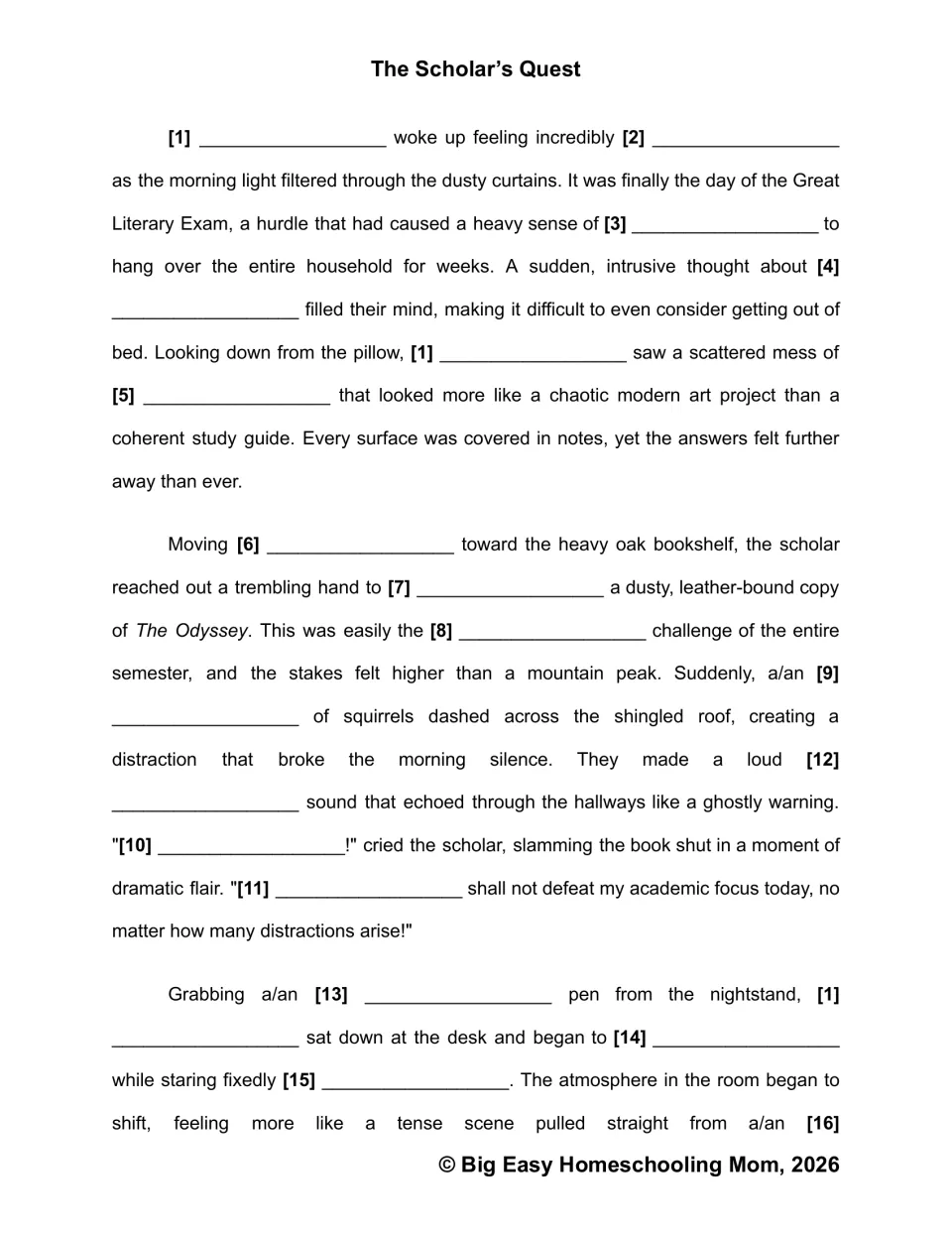 Fill-in story, part 1: students copy word key entries into numbered blanks about a scholar facing the Great Literary Exam