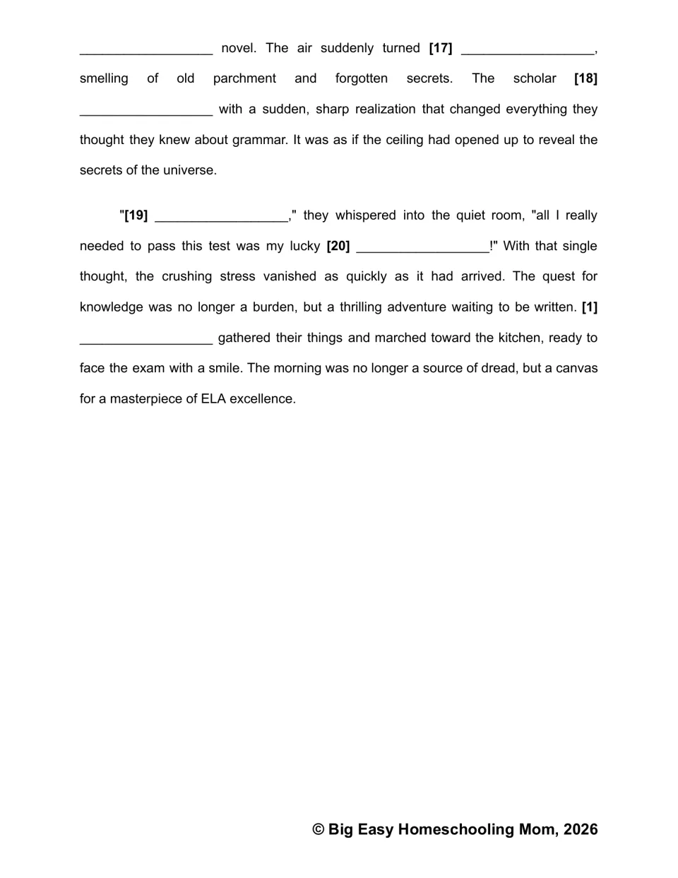 Fill-in story ending: blanks 17 to 20 complete the scholar's realization about grammar and a lucky object before the exam