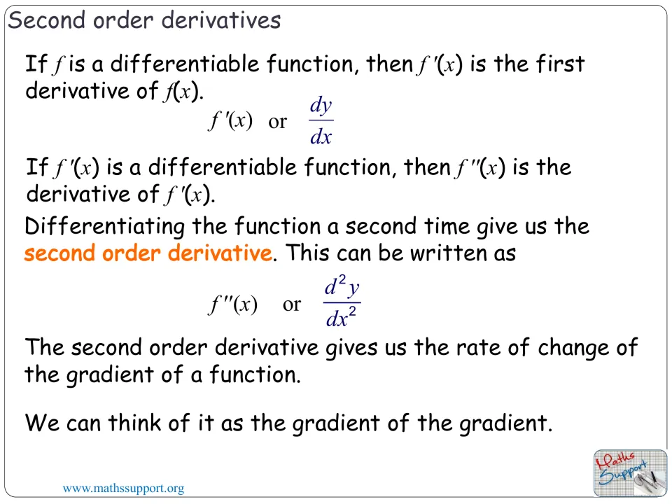 Definition slide explains second derivatives as the rate of change of the gradient, using f″(x) and d²y/dx²