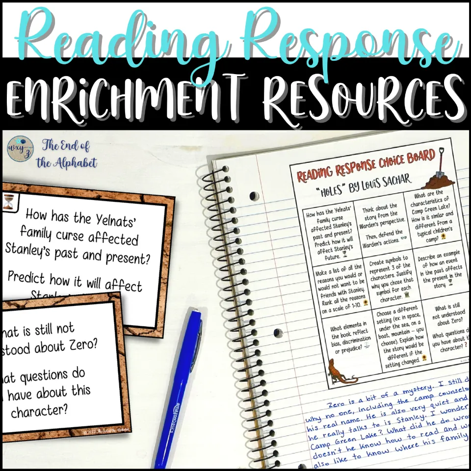 Reading Response Enrichment Resources cover: Holes choice board in a notebook, task cards and a student's written reply