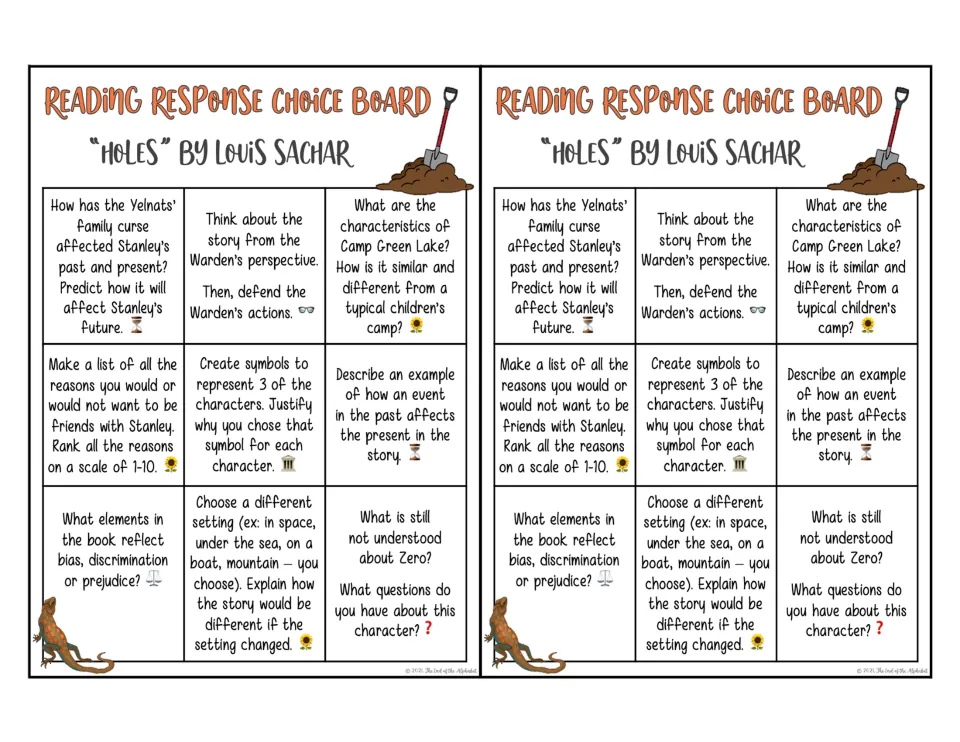 Two half-size copies of the Holes choice board with the same nine reading prompts, sized for gluing into notebooks