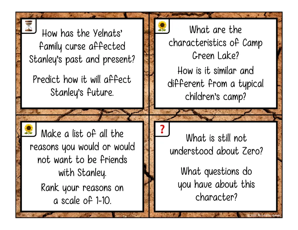Holes task cards on the Yelnats curse, Camp Green Lake vs. a typical camp, being friends with Stanley and Zero