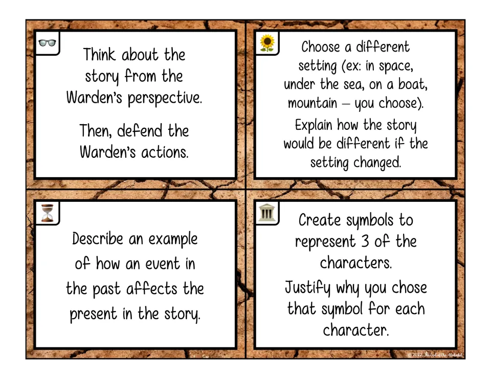 Holes task cards: defend the Warden, change the setting, link a past event to the present, create character symbols