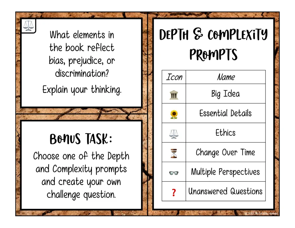 Bias and prejudice card, bonus task to write a challenge question, and a key to six icons such as Big Idea and Ethics