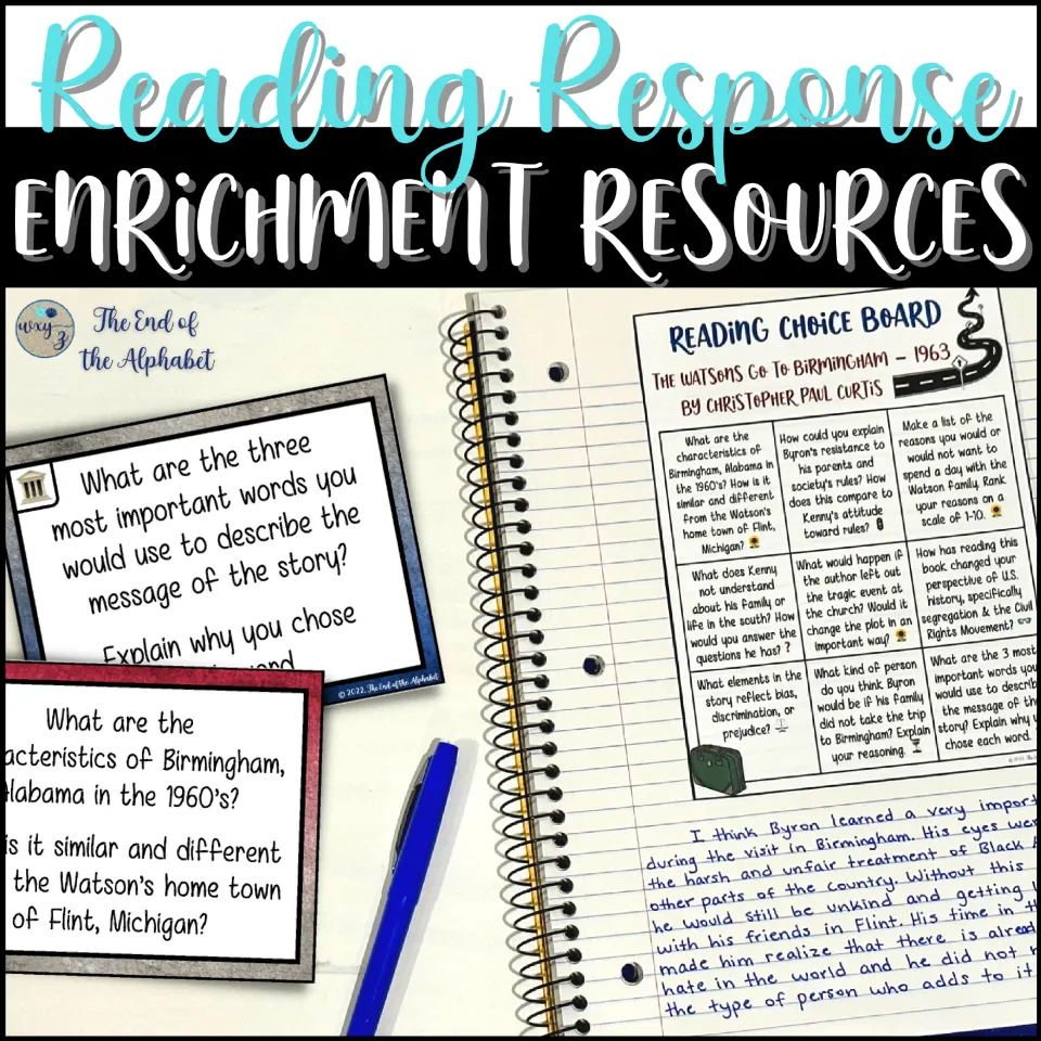 Reading Response Enrichment Resources cover: Watsons Go to Birmingham task cards and choice board with a written response