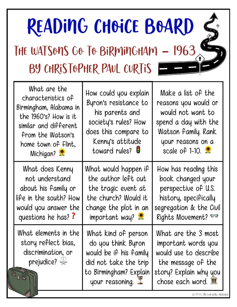 Reading Choice Board for The Watsons Go to Birmingham: nine questions on Byron, Kenny, Birmingham, bias and civil rights