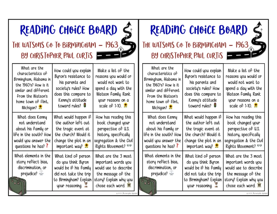 Two half-size copies of the Watsons reading choice board, each with the same nine novel discussion questions