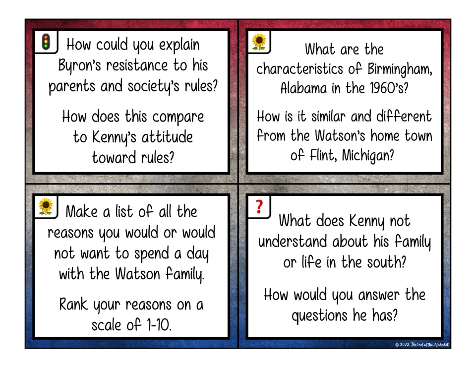 Watsons task cards: explain Byron's view of rules, compare Birmingham to Flint, rank reasons, answer Kenny's questions