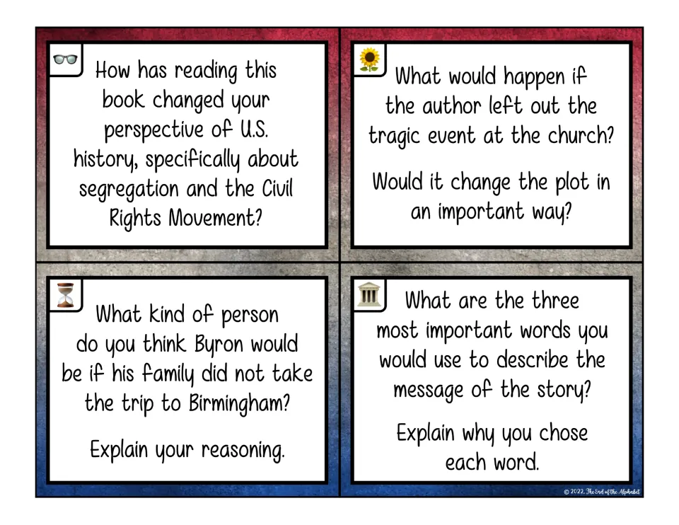 Task cards on the novel's message, the church event's role in the plot, Byron without the trip, and views of segregation