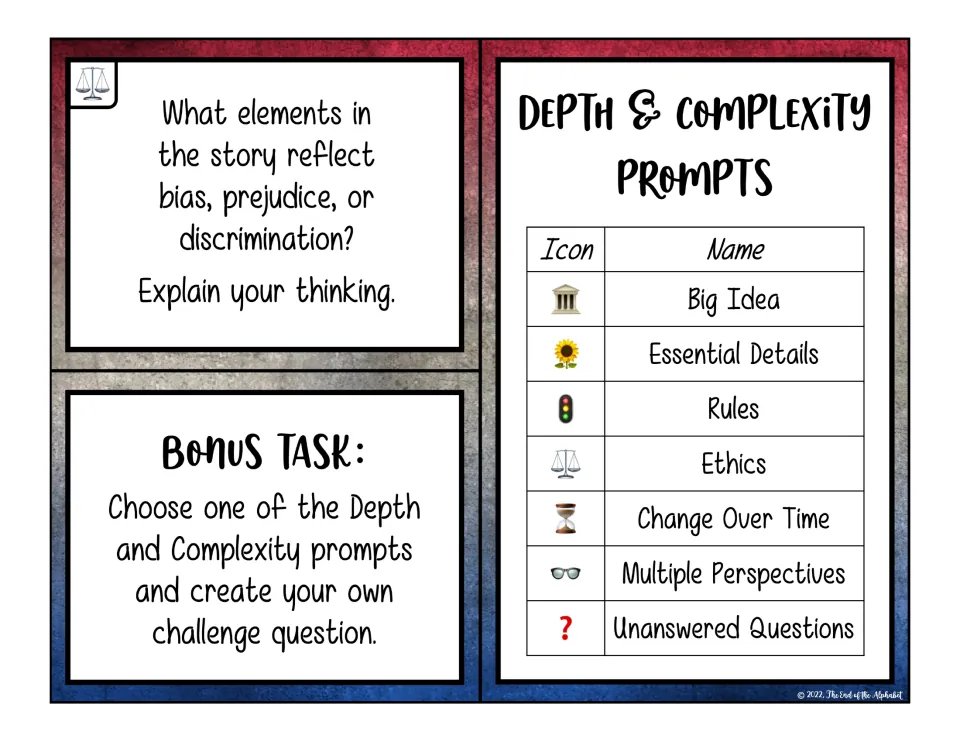 Bias and prejudice task card, a bonus task to write a challenge question, and a key to seven depth and complexity icons