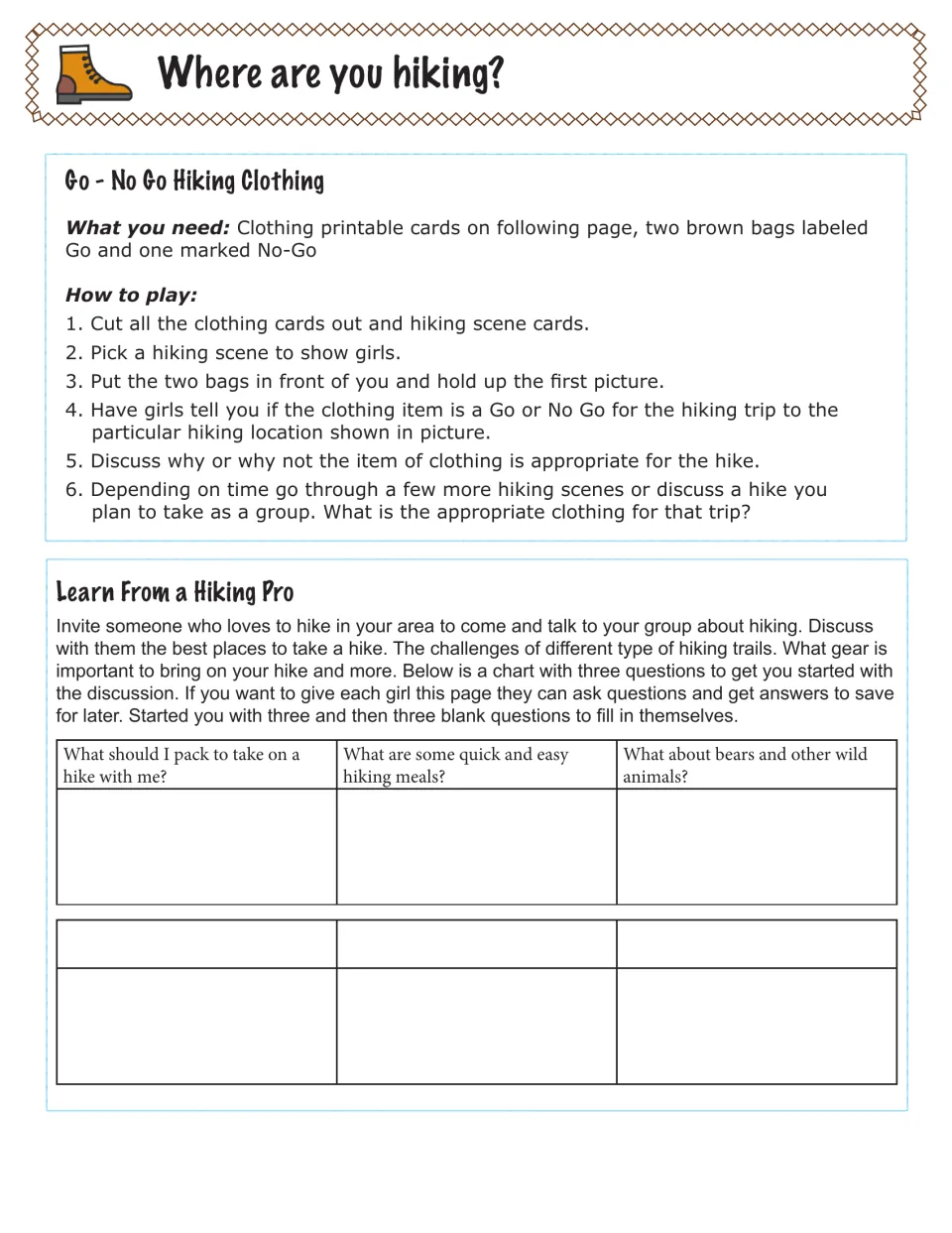 Hiking clothing and expert talk: girls sort clothing as Go or No Go for a trail scene, then note a guest hiker's answers