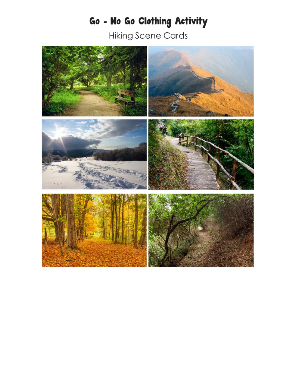 Go - No Go hiking scene cards: six trail photos including a forest path, mountain ridge, snowfield and autumn woods