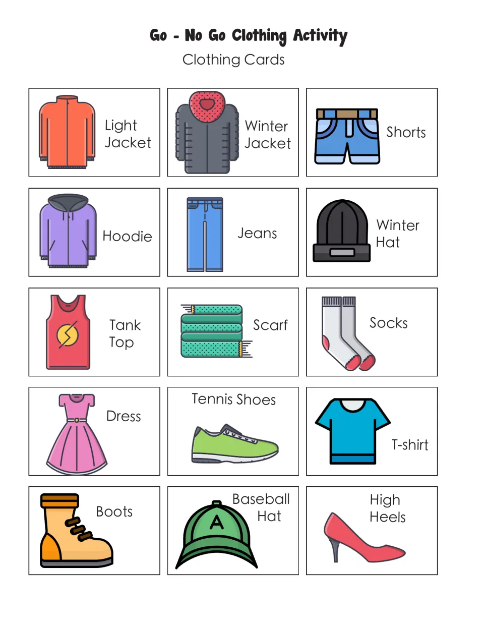 Go - No Go clothing cards: 15 pictured items such as winter jacket, shorts, boots, scarf and high heels to judge for a hike