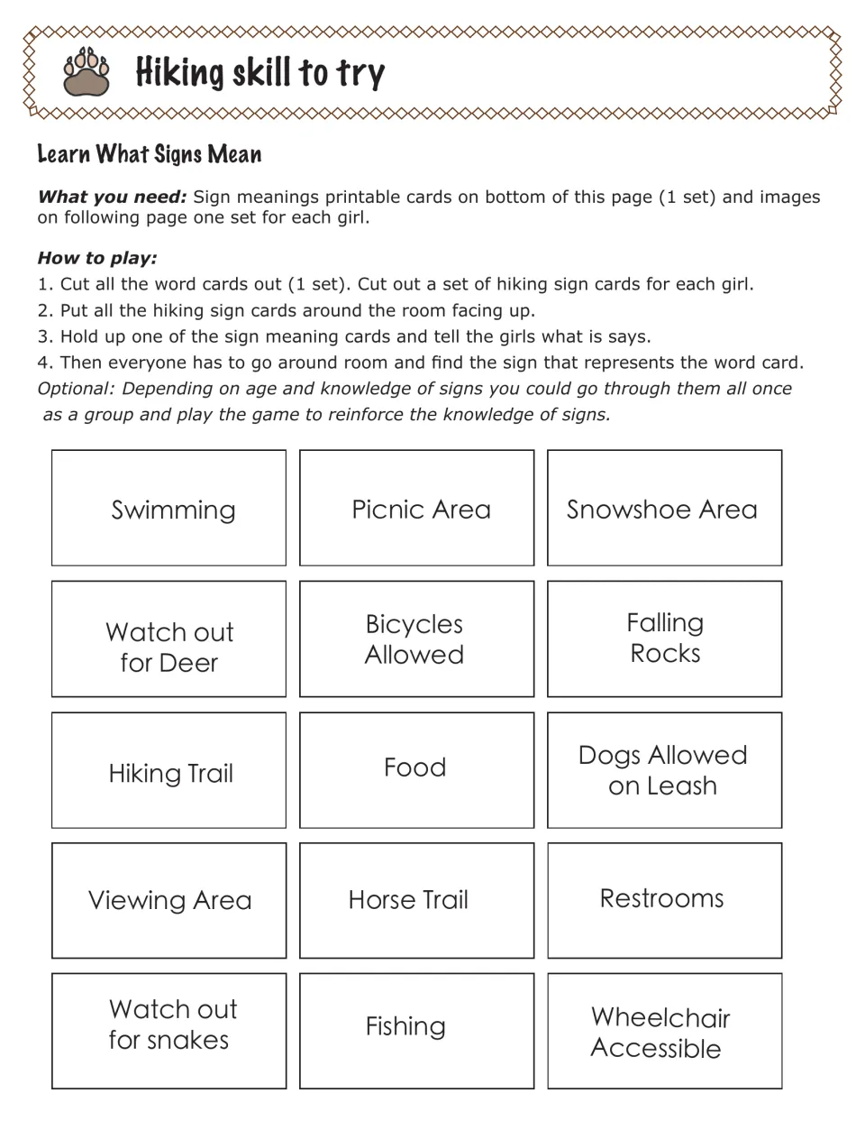Learn What Signs Mean: girls hunt the room for the trail sign matching each word card, like Falling Rocks or Horse Trail