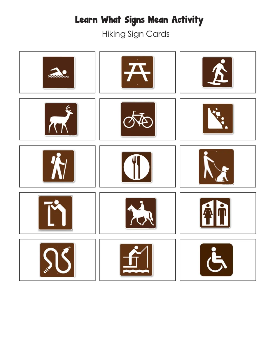 Hiking sign cards: 15 park symbols for swimming, picnic area, deer, bicycles, restrooms, fishing and wheelchair access