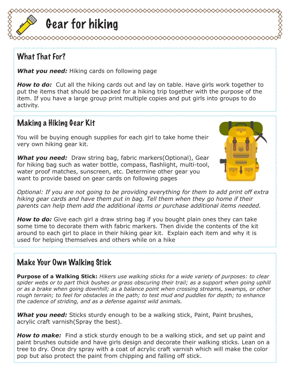 Gear for hiking: girls match gear to its purpose, pack a drawstring gear kit, and paint and varnish their own walking stick