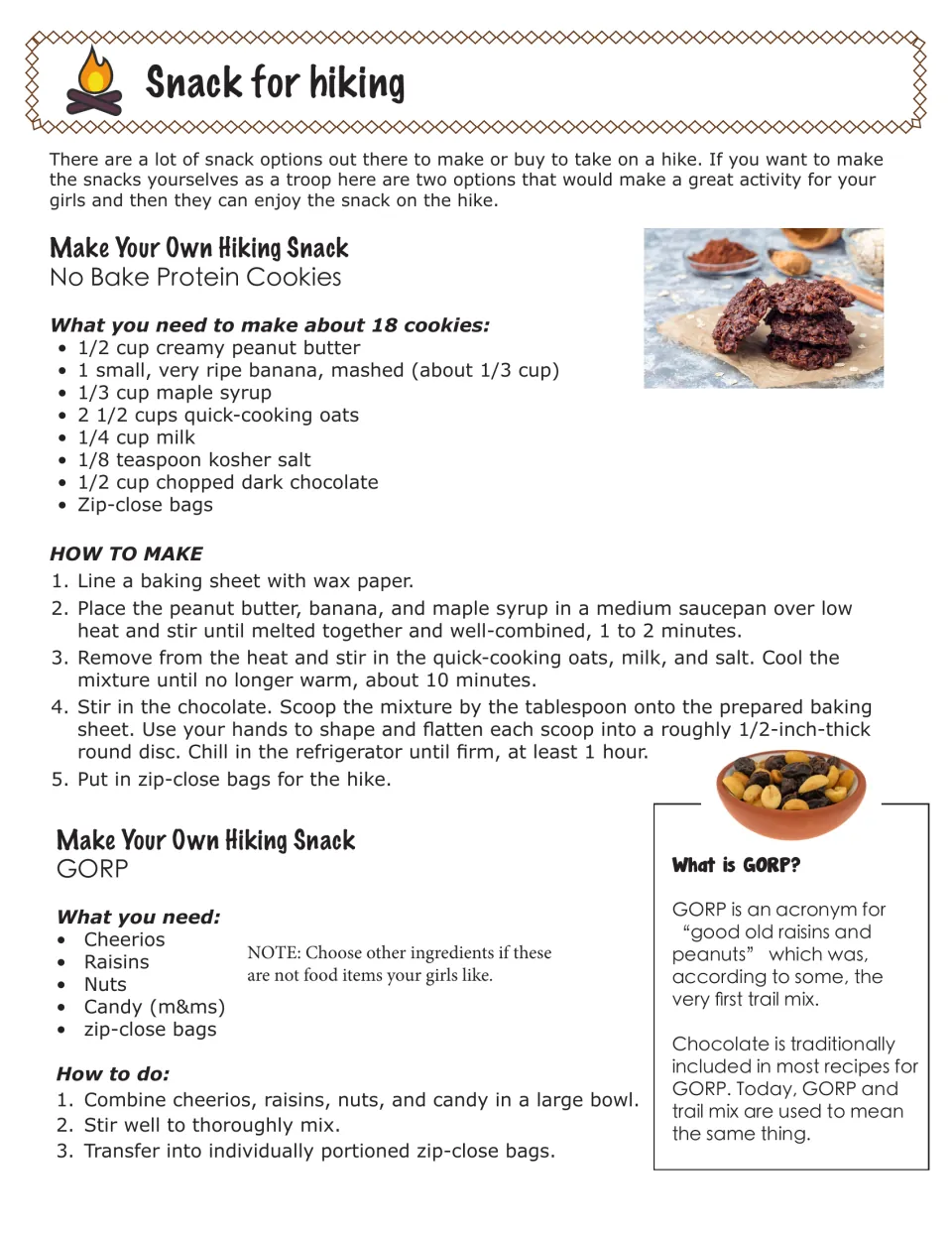 Snack for hiking: recipes for no-bake protein cookies and GORP trail mix with ingredients, steps and what GORP stands for