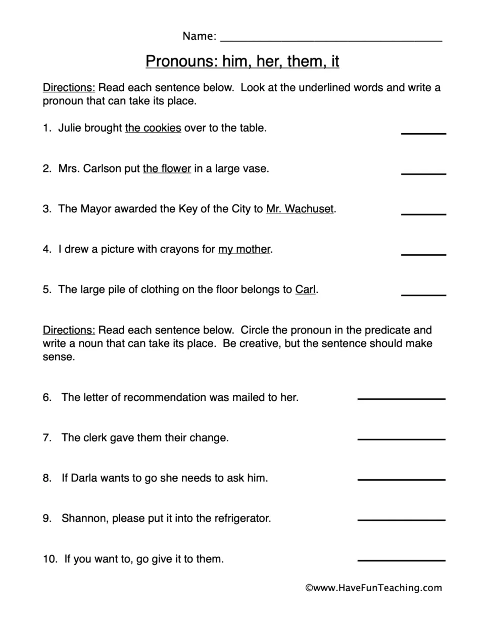 Pronouns him, her, them, it: students replace 5 underlined nouns with pronouns, then circle 5 pronouns and write nouns