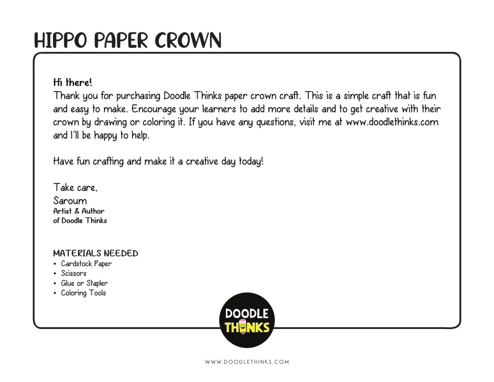 Hippo paper crown intro: a note urging learners to add drawn details, and a materials list for the craft
