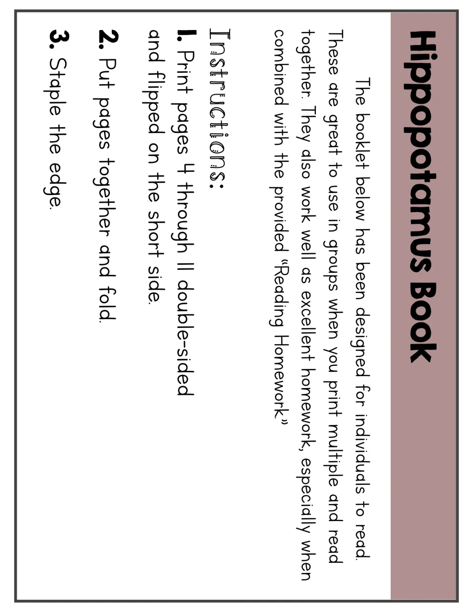 Booklet assembly instructions: print pages 4–11 double-sided, flip on the short side, fold, and staple