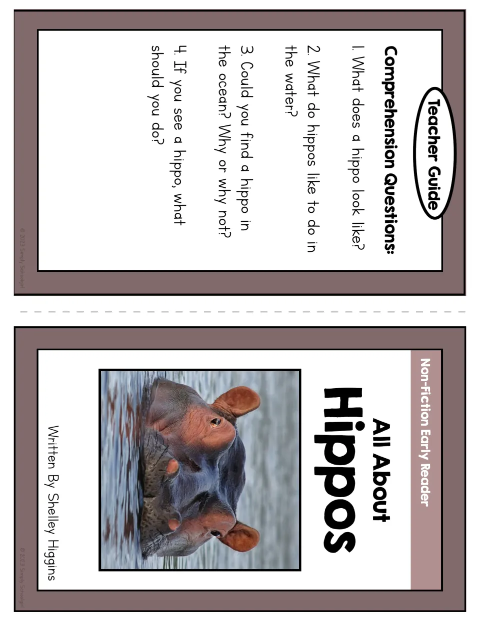 Booklet cover and teacher guide with four questions about hippo appearance, water habits, habitat, and safety