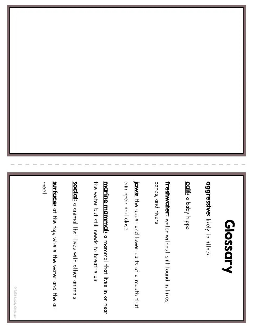Booklet glossary defines aggressive, calf, freshwater, jaws, marine mammal, social, and surface; other half blank