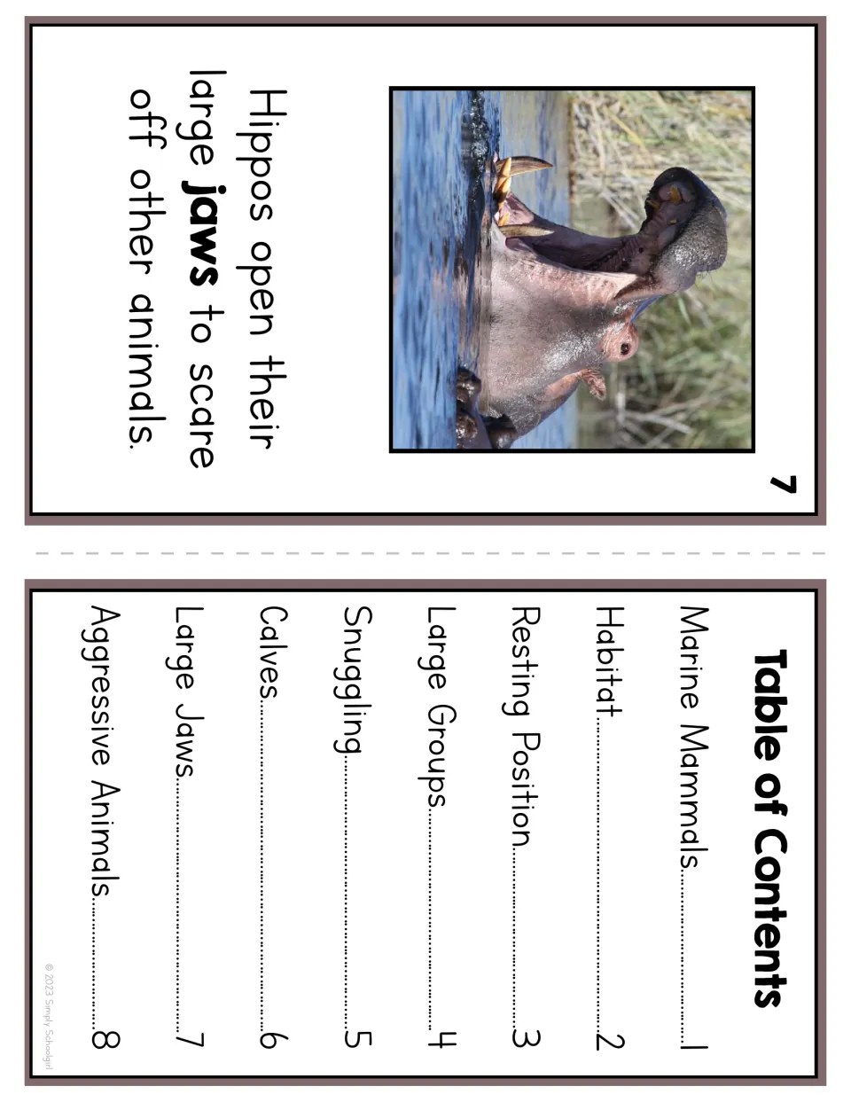 Reader page 7 explains that hippos open large jaws to scare other animals, paired with the table of contents