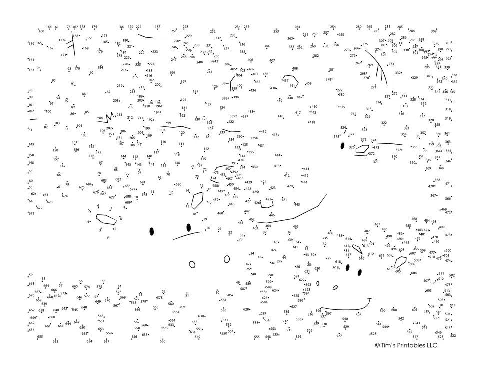 Dot-to-dot activity with 689 numbered dots to connect and reveal three hippopotamuses in the water.