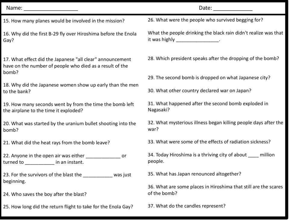 Hiroshima video questions 15-37: students answer in order, from the Enola Gay mission to the effects of radiation