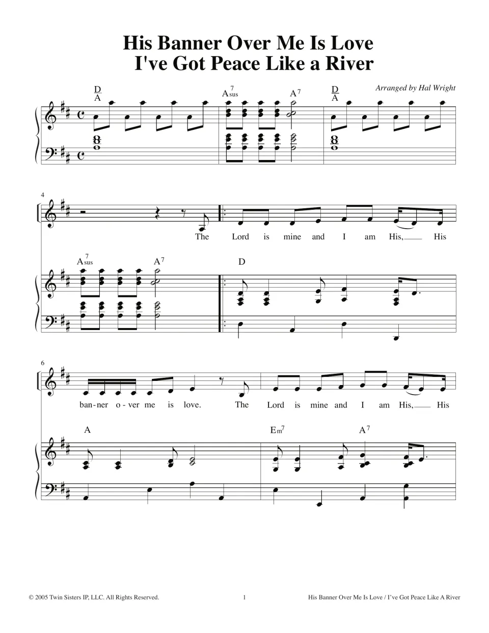 Medley opening in D: piano intro, then the vocal line "The Lord is mine and I am His" with chord symbols