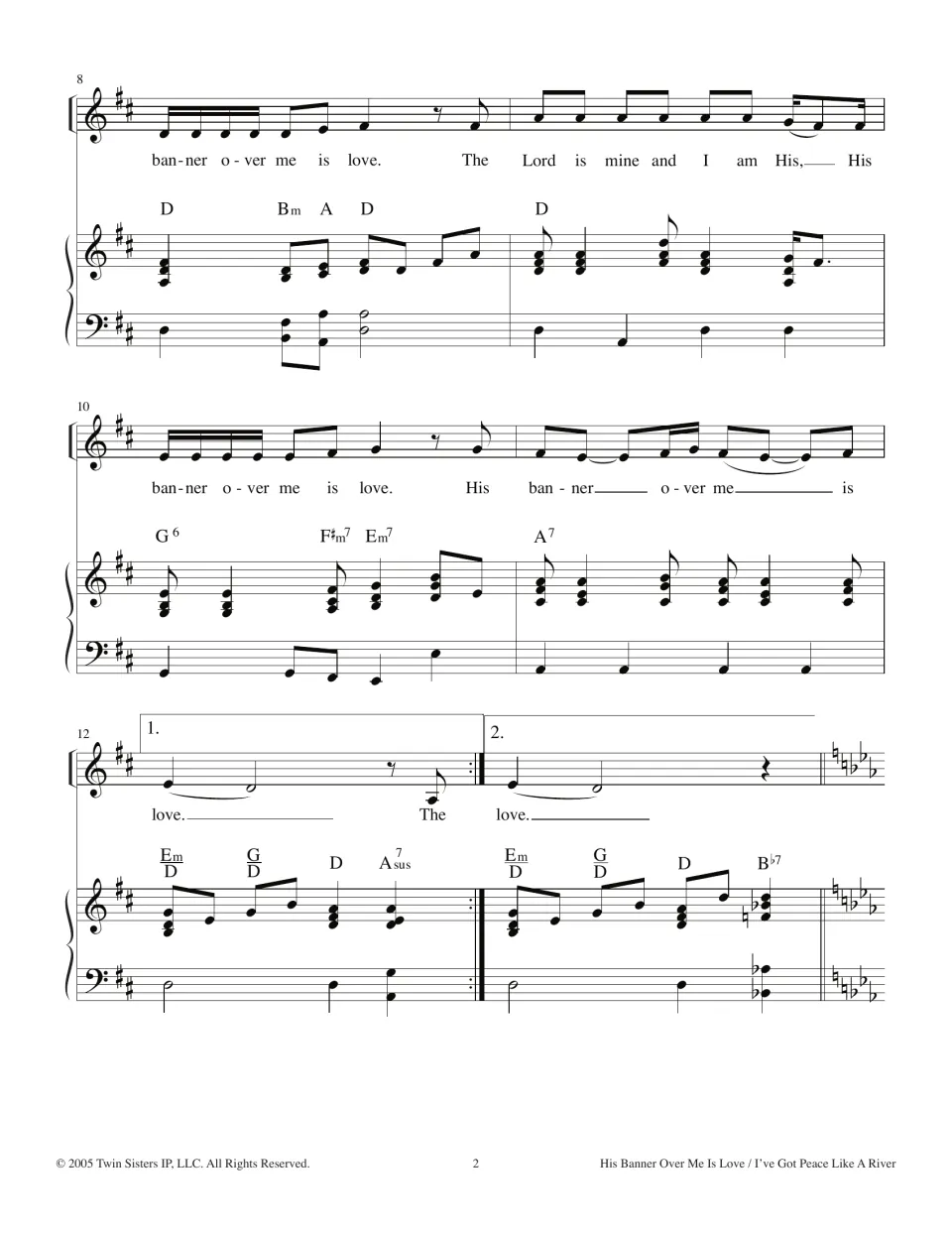 Measures 8-13: the refrain repeats with 1st and 2nd endings, then a B-flat 7 chord leads into a key change